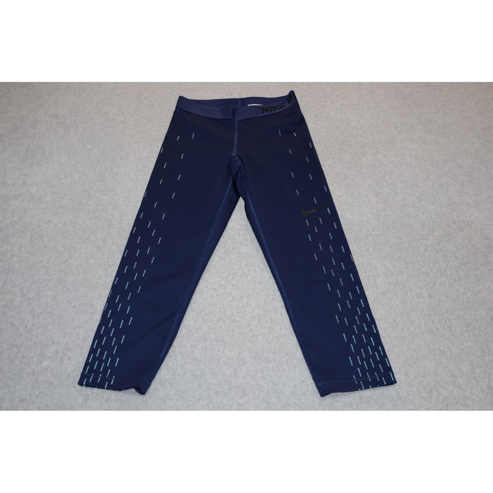Nike Pro Dri-FIT Leggings Capris Women Small Navy Blue Dash Print Workout